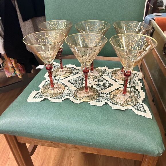 Pier 1 imports gold trim ruby red stem martini glass set of 6 - Picture 1 of 3